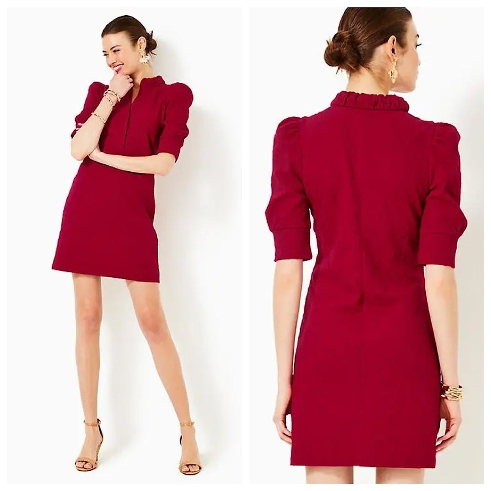 Lilly Pulitzer Elsey Mini Dress Women‎ XXS Red Textured Puff Sleeve Ruffle Neck